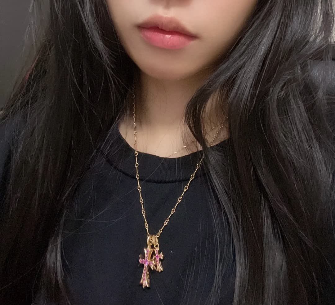 Chrome Hearts Gold Cross Pendant with Pink Stones